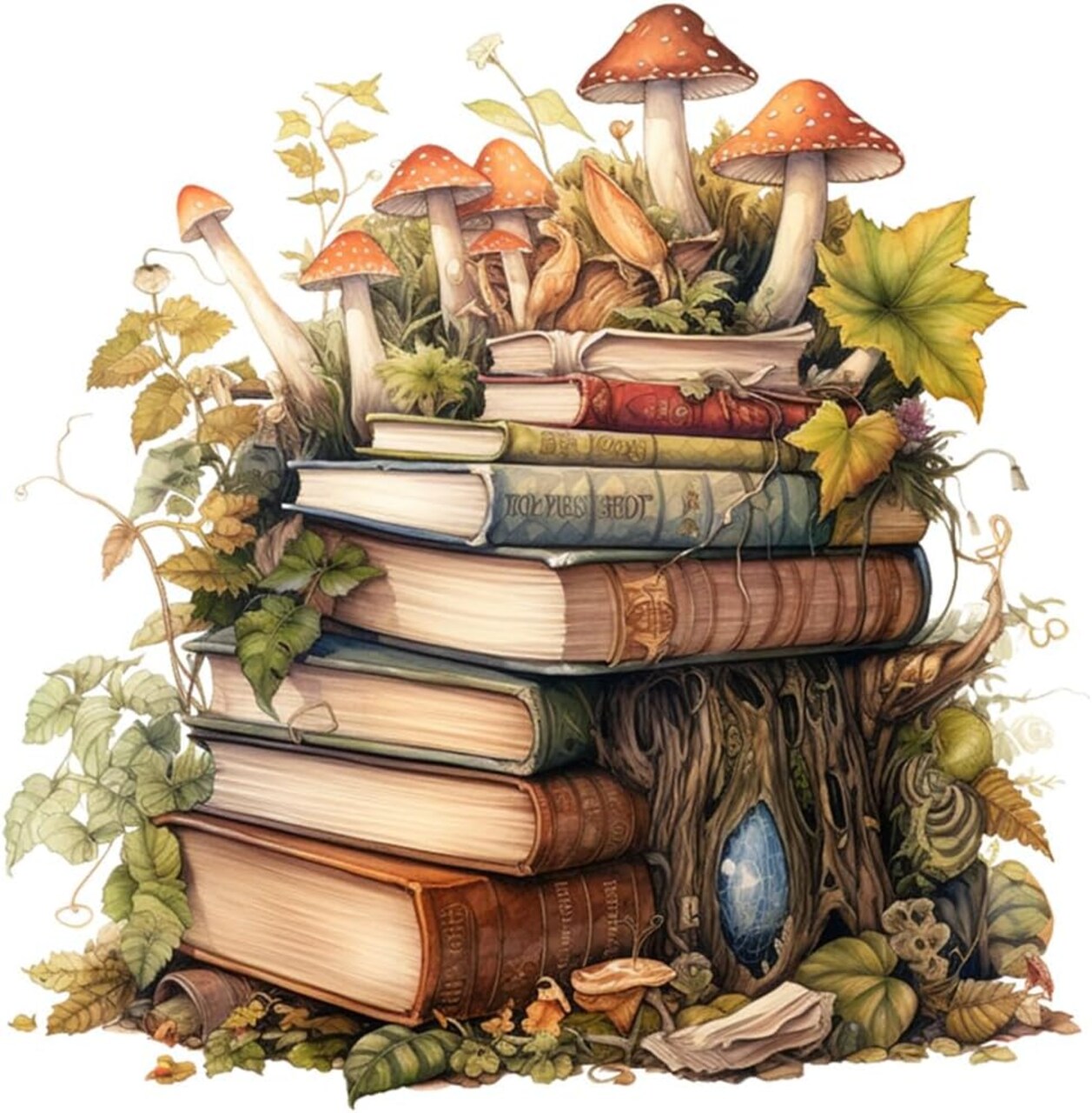 Skull & Magic Books Stamped Cross Stitch Kit – 14CT Pre-Printed Canvas for Adults, Beginner-Friendly DIY Embroidery with Mushrooms, 12.85×13.14 Inch